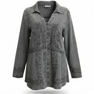 Parsley & Sage Vintage Charcoal Grey Embroidered Shirt